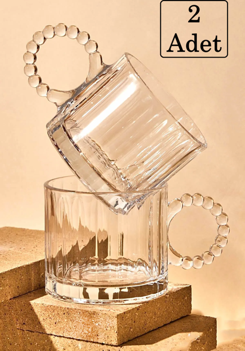 2 Adet Cam Boncuk Kulplu Bardak Kupa Çay Kahve Meşrubat Bardağı 250ml