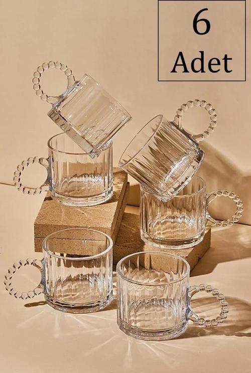 6 Adet Cam Boncuk Kulplu Bardak Kupa Çay Kahve Meşrubat Bardağı 250ml