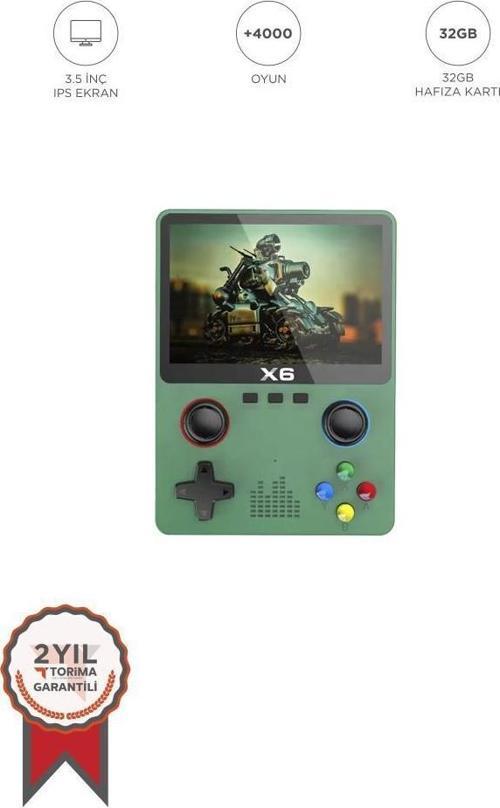 X6 Yeşil 4000+ Klasik Oyunlu 3.5 İnç IPS Ekran Kablosuz Atari Retro Oyun Konsolu