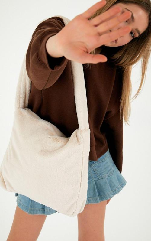 Krem Toscana Tote Çanta / Kadın Peluş Tote Okul Çantası