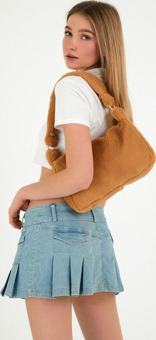 Milk Coffee Color Toscana Halkalı Baget Çanta / Sütlü Kahve Peluş Omuz Ve El Çantası