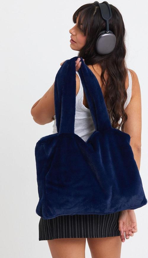 Night Blue Laptop Tote / Kadın Peluş Toscana Bilgisayar Çantası 42X34 Sap 65 Cm