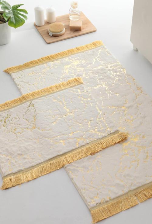 Simli Tavşan Tüyü 2li Paspas Takımı - Krem - Gold
