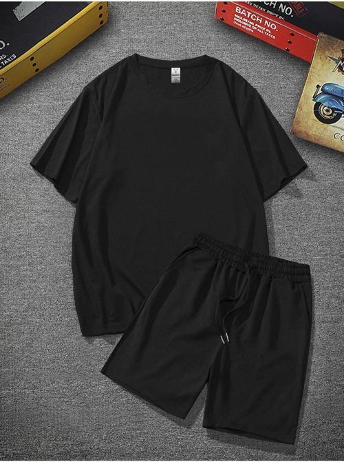 Unisex Siyah Oversize Bol Kalıp T-Shirt Şortlu Alt Üst Ikili Takım XL