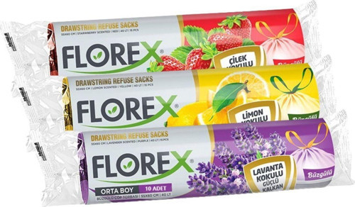 Florex Büzgülü Çöp Torbası 55X60 Cm 3' Lü Eko Paket Lavanta-Çilek-Limon Kokulu Çöp Poşeti