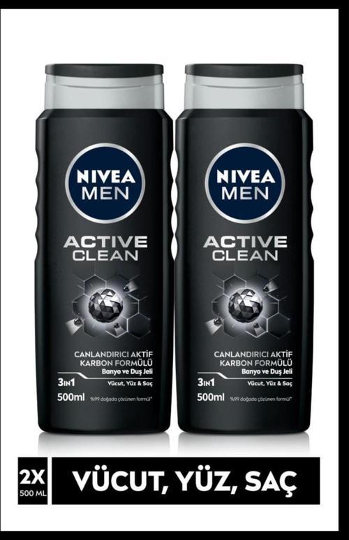 MEN Erkek Duş Jeli Active Clean 500ml, 3'ü 1 Arada Komple Bakım, Vücut Saç Yüz, Erkek Bakım, X2 Adet
