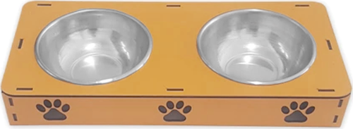 Ahşap Sehpalı İkili Devrilmez Kedi Köpek Su Ve Mama Kabı 34 cm - 300 ml Turuncu