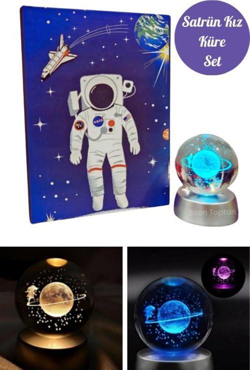 Renk Değiştiren Işıklı Dekoratif Küre Ve Defter Seti Satürn Kız Cam Küre Ve Nasa Defter Set