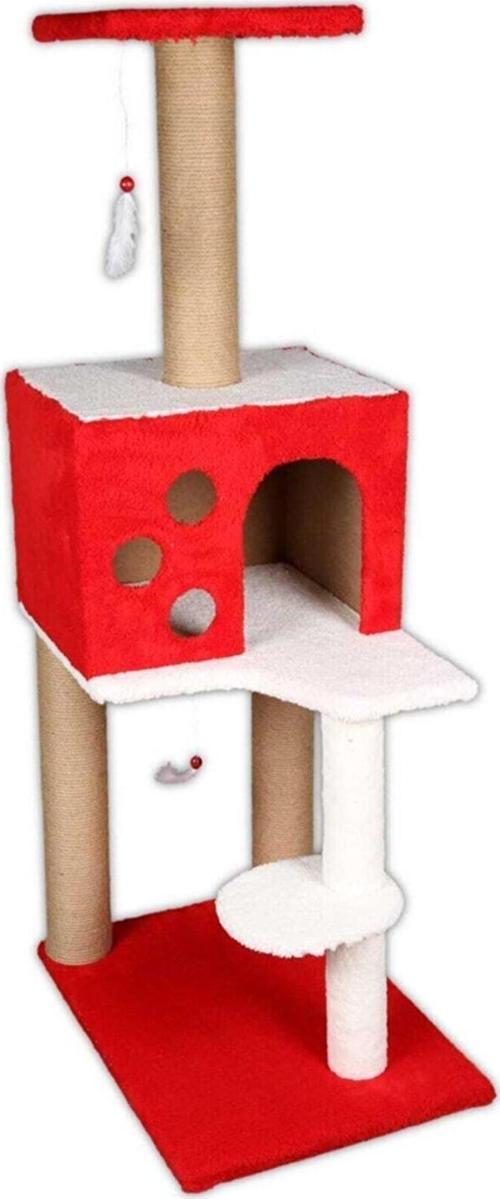 3 Katlı Kedi Tırmalama Tahtası + Kedi Evi 40 x 55 x 127 cm Kırmızı