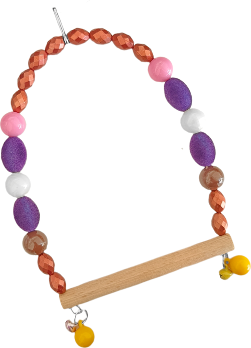 Ahşap Tünekli Mor Kadife Boncuklu Kuş Salıncağı 10-14 cm Renkli