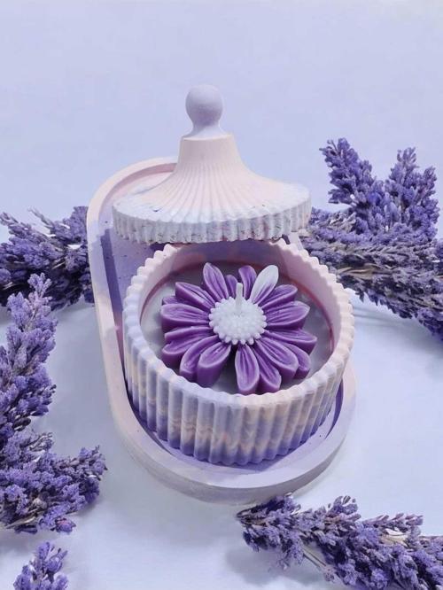 AYD- Sunum Tepsi ve Mini Kabaklı Çizgili Vazo  Papatya Model %100 Soya Wax %100 Taş Tozu