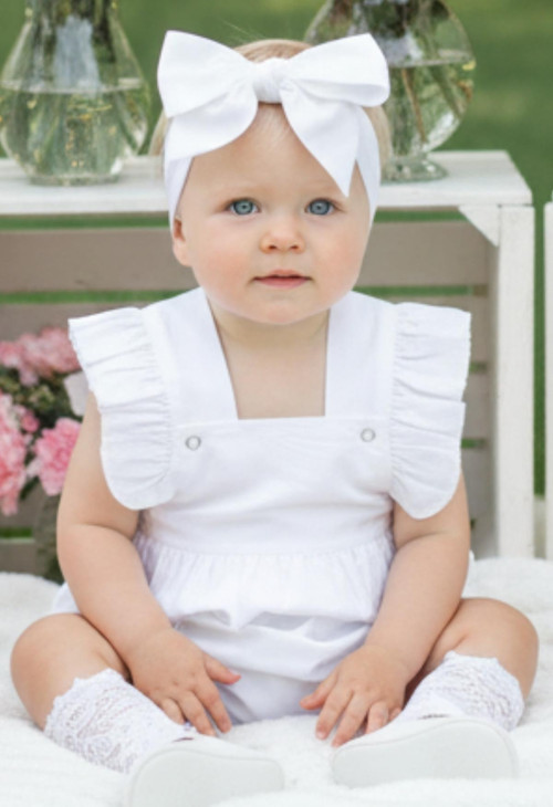 Kız Bebek Beyaz Pamuklu Salopet Bandana Takım