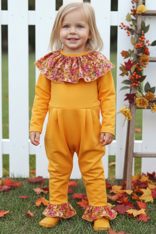 Kız Bebek Lotus Hardal Çiçekli Uzun Kollu Çıtçıtlı Yakalı Tulum