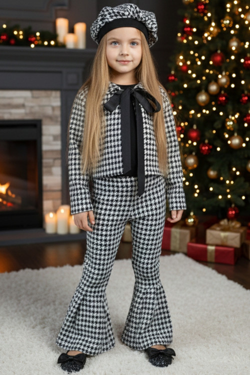 Kız Çocuk Siyah Lizbon Jakarlı Ekose Ceket Pantolon Kep Alt Üst Yılbaşı Takım