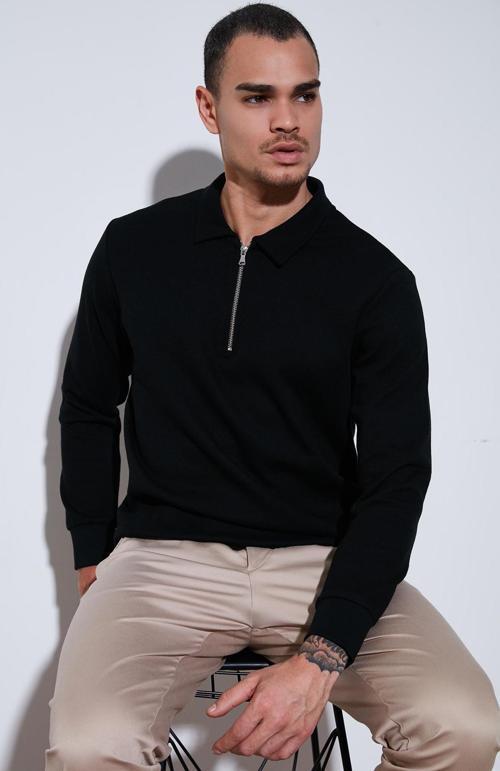 Pamuklu Regular Fit Yarım Fermuarlı Polo Yaka Erkek Sweat 5905805 SİYAH