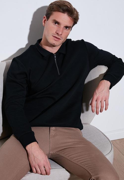 Pamuklu Regular Fit Yarım Fermuarlı Polo Yaka Erkek Sweat 5905789 SİYAH