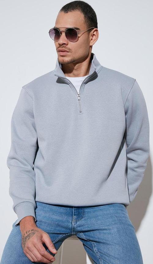Pamuklu Regular Fit Yarım Fermuarlı Dik Yaka Erkek Sweat 59052592 AÇIK GRİ