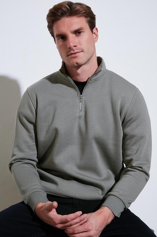 Pamuklu Regular Fit Yarım Fermuarlı Dik Yaka Erkek Sweat 59052592 AÇIK HAKİ