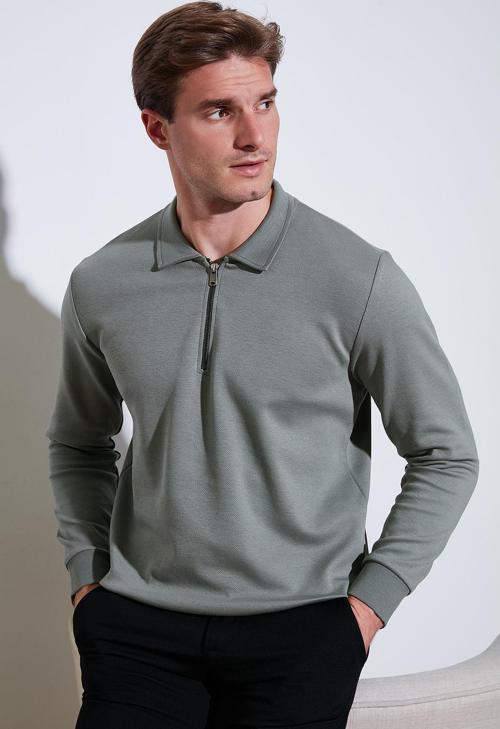 Pamuklu Regular Fit Yarım Fermuarlı Polo Yaka Erkek Sweat 5905789 AÇIK HAKİ
