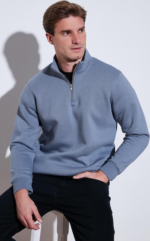Pamuklu Regular Fit Yarım Fermuarlı Dik Yaka Erkek Sweat 59052592 KOYU GRİ