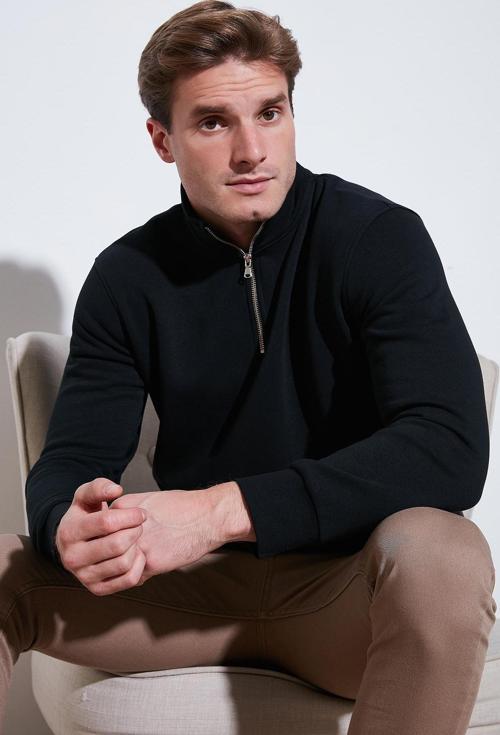 Pamuklu Regular Fit Yarım Fermuarlı Dik Yaka Erkek Sweat 59052592 SİYAH