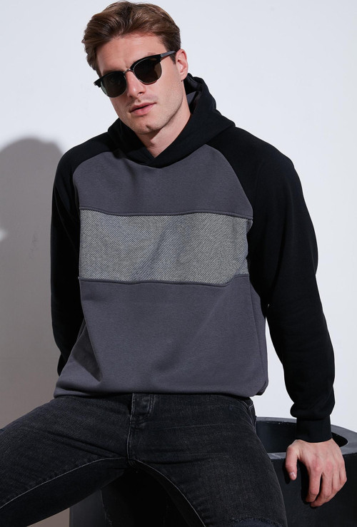 Pamuklu Regular Fit Renk Bloklu Kapüşonlu Erkek Sweat 5905771 SİYAH