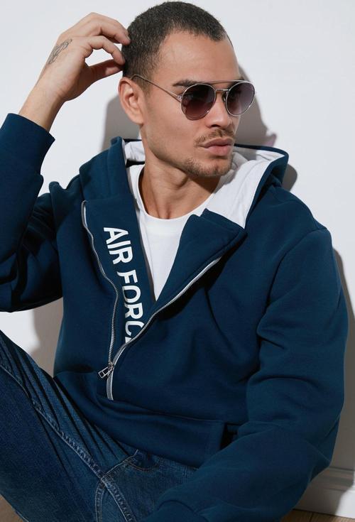 Kanguru Cepli Fermuarlı Kapüşon Yaka Slim Fit Erkek Sweat 575707 İNDİGO
