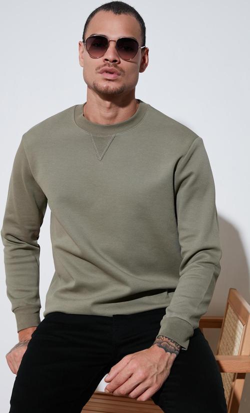 Pamuklu Relaxed Fit Bisiklet Yaka Erkek Sweat 5905453 HAKİ