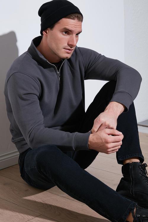Pamuklu Regular Fit Yarım Fermuarlı Dik Yaka Erkek Sweat 59052592 ANTRASİT