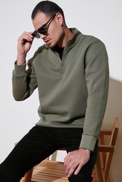 Pamuklu Regular Fit Yarım Fermuarlı Dik Yaka Erkek Sweat 59052592 HAKİ