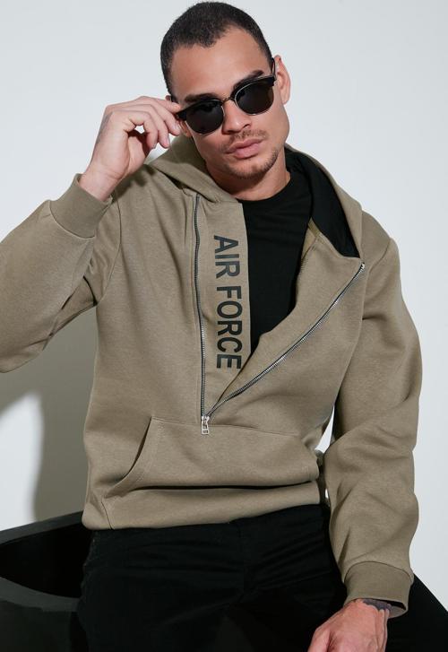 Kanguru Cepli Fermuarlı Kapüşon Yaka Slim Fit Erkek Sweat 575707 Vizon Yeşili