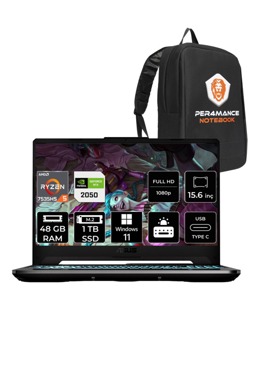 Tuf Gaming A15 R5 7535Hs 48 GB 1 TB SSD Rtx2050/4 GB 144Hz 15.6" FHD W11P Hn050 & Per4 Çanta