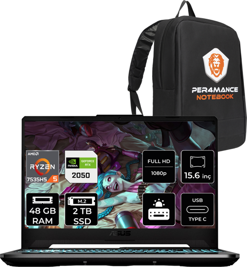 Tuf Gaming A15 R5 7535Hs 48 GB 2 TB SSD Rtx2050/4 GB 144Hz 15.6" FHD Fdos Hn051 & Per4 Çanta