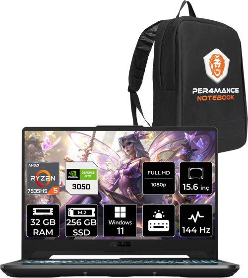 Tuf Gaming A15 R5 7535Hs 32 GB 256 GB SSD Rtx3050/4 GB 144Hz 15.6" FHD W11H Hn006 & Per4 Çanta