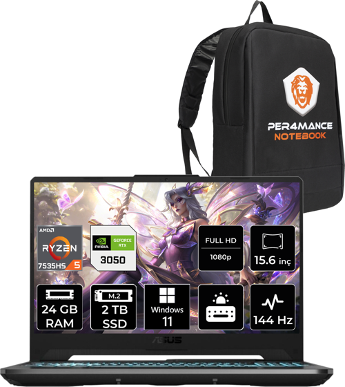Tuf Gaming A15 R5 7535Hs 24 GB 2 TB SSD Rtx3050/4 GB 144Hz 15.6" FHD W11P Hn006 & Per4 Çanta