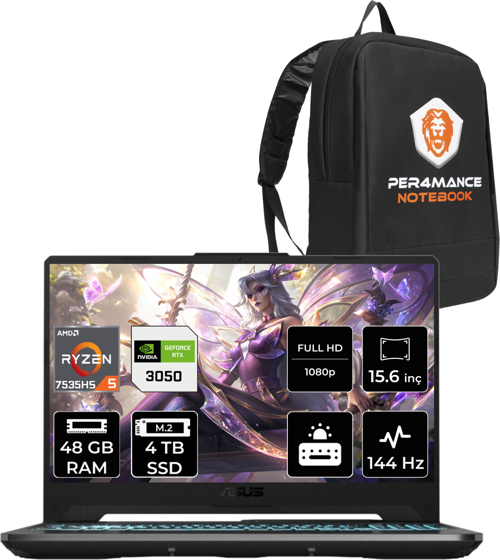 Tuf Gaming A15 R5 7535Hs 48 GB 4 TB SSD Rtx3050/4 GB 144Hz 15.6" FHD Fdos Hn047 & Per4 Çanta