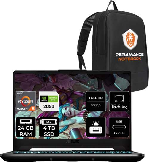 Tuf Gaming A15 R5 7535Hs 24 GB 4 TB SSD Rtx2050/4 GB 144Hz 15.6" FHD Fdos Hn052 & Per4 Çanta