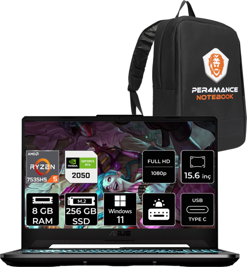 Tuf Gaming A15 R5 7535Hs 8 GB 256 GB SSD Rtx2050/4 GB 144Hz 15.6" FHD W11P Hn052 & Per4 Çanta