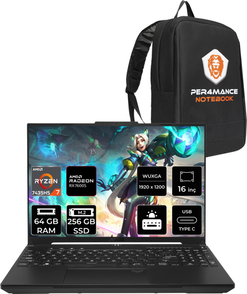 Tuf Gaming A16 R7 7435Hs 64 GB 256 GB SSD Rx7600S/8 GB 95W 165Hz 16" Wuxga Fdos N3056 & Per4 Çanta