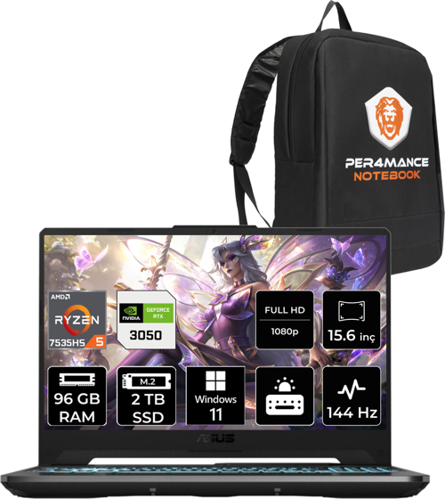 Tuf Gaming A15 R5 7535Hs 96 GB 2 TB SSD Rtx3050/4 GB 144Hz 15.6" FHD W11H Hn047 & Per4 Çanta