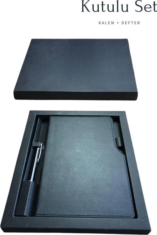 Kutulu Siyah Defter Kalem Seti Termo Deri Sert Kapaklı Dikişli Defter Kalem Kutu Seti