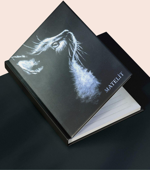 Sert Kapaklı Defter, Çizgili Ciltli Kedi Figürlü Siyah Defter