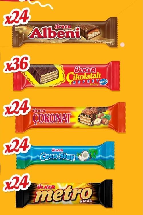 Albeni (24 Adet), Çikolatalı Gofret (36 Adet),Çokonat (24 Adet), Coco Star (24 Adet),Metro (24 Adet)