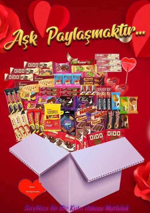 Aşk Paylaşmaktır 64 Parça Büyük Boy Atıştırmalık Paketi. Soyakca Seni Seviyorum Yazılı Şeker Hediye