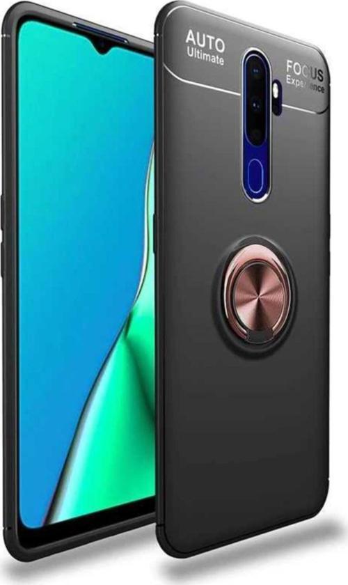 Oppo A5 2020 Kılıf Renkli Yüzüklü Manyetik Silikon Kapak Siyah - Rose gold