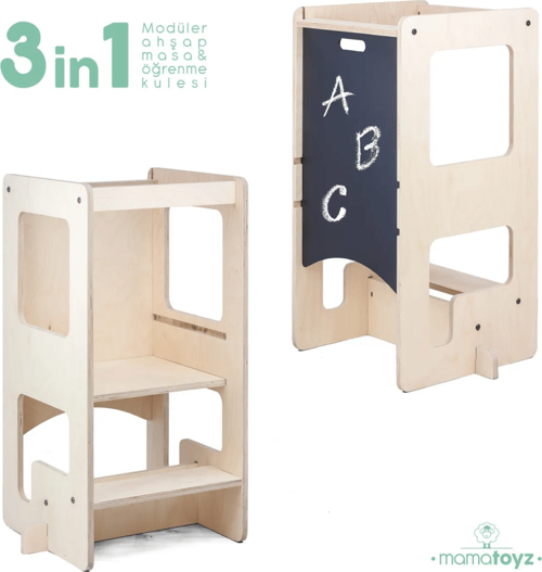 Flip Natural 3'ü 1 Arada Öğrenme Kulesi & Aktivite Masası & Yazı Tahtası