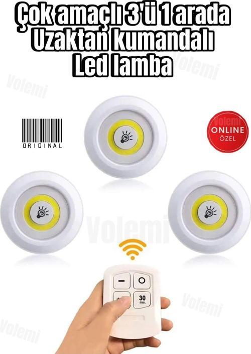 Uzaktan Kumandalı 3'Lü Spot Led Lamba  Kablosuz-Pilli Işık-Mutfak-Raf-Dolap Altı Aydınlatması