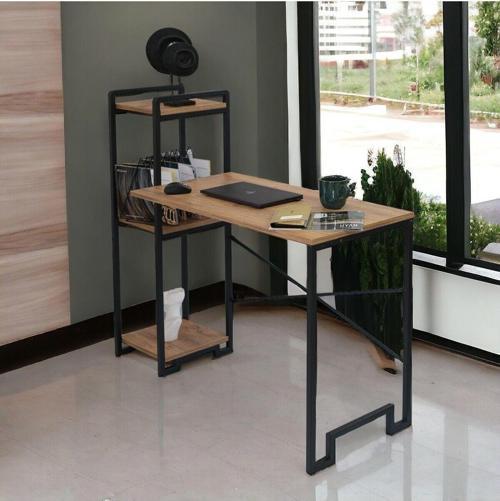 Dekoratif 3 Raflı Metal Çok Amaçlı Çalışma Masası Ahşap Raflı Kitaplık Bilgisayar Ve Laptop Masası