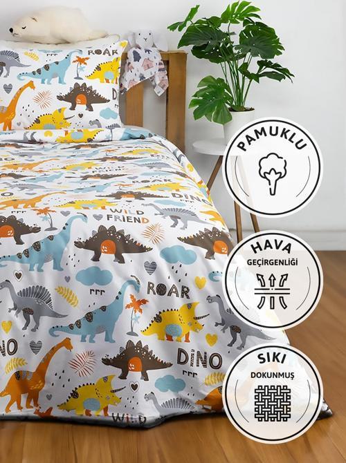 Dino %100 Pamuk Tek Kişilik Nevresim Seti - Mavi