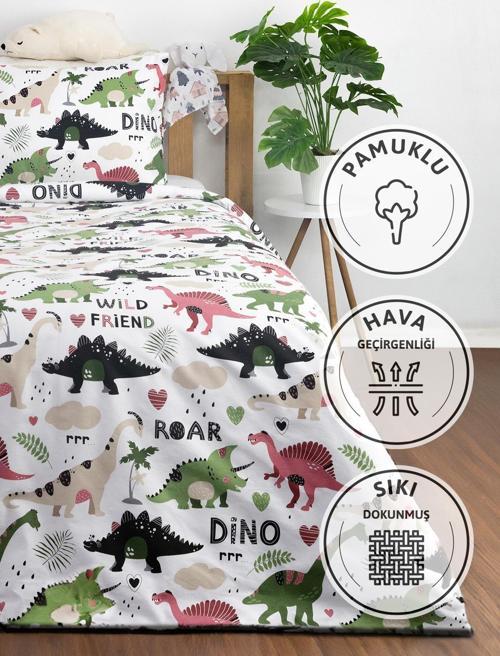 Dino %100 Pamuk Tek Kişilik Nevresim Seti - Yeşil